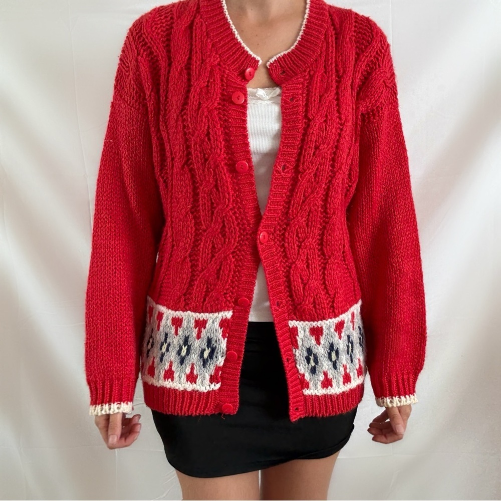 Vintage red knit cardigan sweater medium fair isle cottage womens
